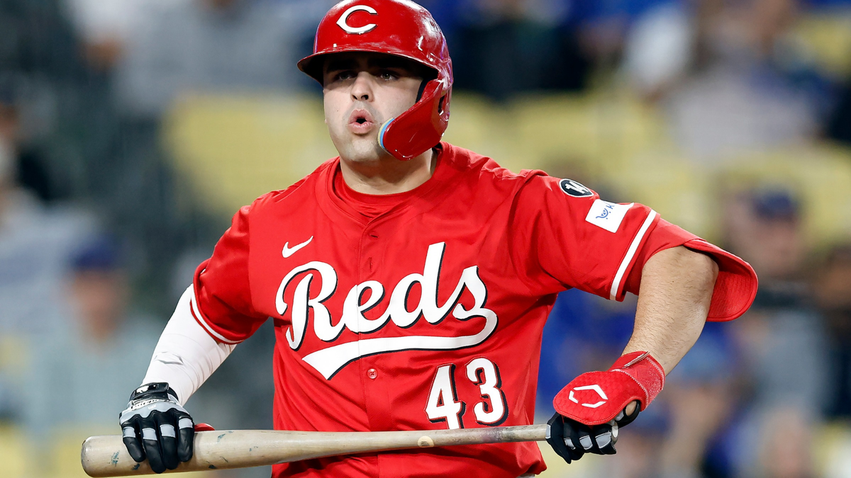 Cincinnati Reds infielder Sal Stewart batting during a regular season MLB game.
